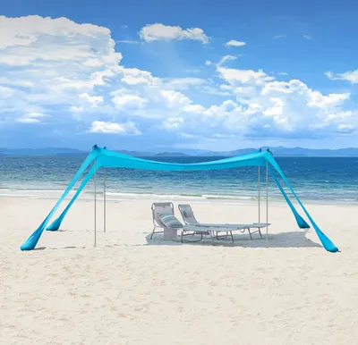 Produktbild von SoBuy Elastan Beach Tent Awning Beach Shelter Přenosný plážový stan s hliníkovými tyčemi Ochrana proti slunci Světle modrá OZT02-HB