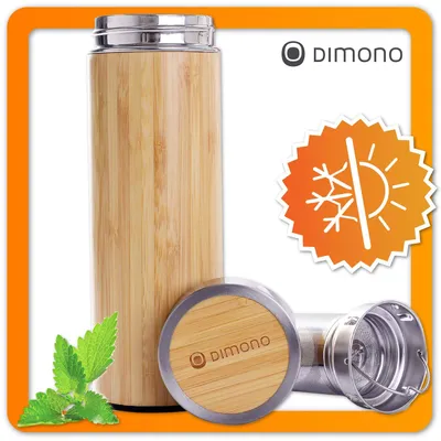 Produktbild von Dimono Premium Thermobecher aus echtem Bambus & Edelstahl Isolierflasche 450ml – Doppelwandiger Thermo Kaffeebecher To Go in Braun