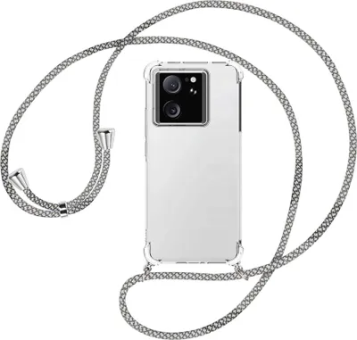 Produktbild von Handykette Backcover-Schutzhülle mit Band (Metall silberfarben) für Xiaomi 13T Pro (6.73'') - weiß/grau kariert