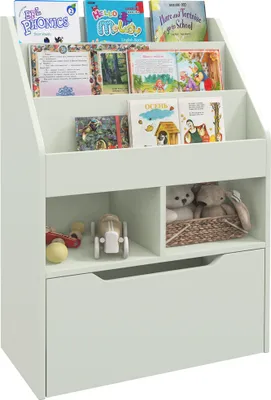 Produktbild von HOMCOM Kinder-Bücherregal aus Holz mit 3 Fächern, 2 Würfeln und mobiler Schublade mit 4 Rollen, Kinder-Bücherregal für Kinderzimmer, Spielzimmer, 60 x 29,9 x 90 cm, Grün