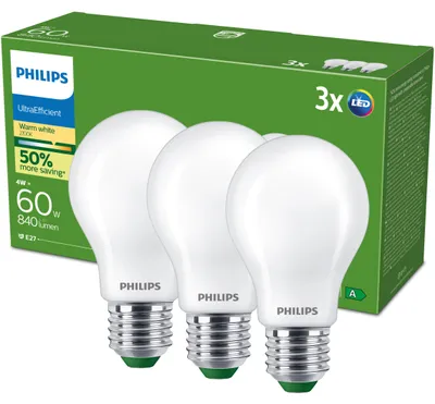 Obrázek produktu pro Philips Matná žárovka s tradičním vzhledem 60 W, A60 3× E27, 4 W, 60 W, E27, 840 lm, 50000 h, Teplá bílá