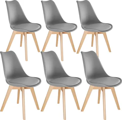 A set of six gray dining chairs with wooden legs, arranged in two rows of three.
