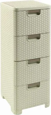 Produktbild von Curver Style 4-Schubladenregal, cremeweiß, 14L, 32,8x79x37,8 cm, 70% recycelter Kunststoff, Rattan-Optik, feuchtigkeitsbeständig, leicht zu reinigen, für Bad, Schlafzimmer, Kleiderschrank, Werkstatt & Garten