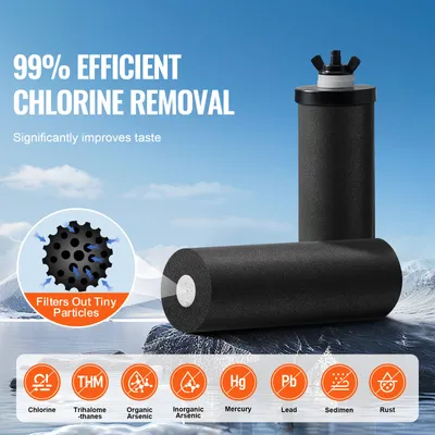 Zdjęcie produktu dla System filtracji wody grawitacyjnej, wykonany ze stali nierdzewnej 304, o pojemności 2,25 litra. Usuwa ołów i do 99% chloru. Zawiera 2 filtry węglowe, kran i podstawkę. Idealny do użytku w domu, podczas kempingu lub w kamperze
