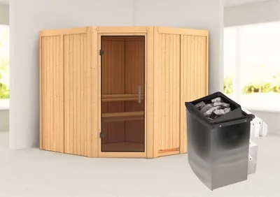 Produktbild von Karibu Sauna Innensauna Jarin Eckeinstieg Ofen 9 kW integr. Strg 196x196x198 cm ohne Dachkranz mit Graphittür