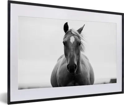 Produktbild von MuchoWow® Gerahmtes Poster Pferd - Tier - Schwarz - Weiß 60x40 cm - Poster mit Schwarzem Bilderrahmen Wandposter Rahmen Foto Bilder - Schlafzimmer - Plakat in Rahmen - Drucken