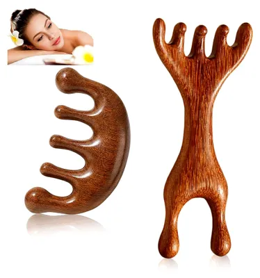Produktbild von 2 Gua Sha Kämme aus Sandelholz für Kopf- und Gesichtsmassage