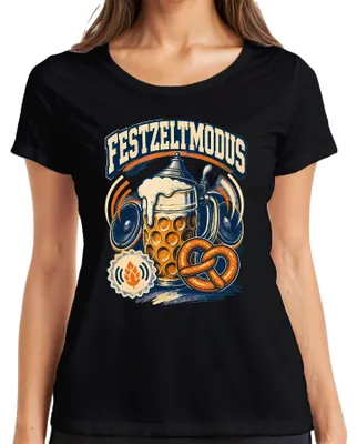 Productafbeelding van Feesttentmodus, , Wiesn, bierkan, pretzel, lederen broek, dirndl, dames T-shirt, zwart, maat XL