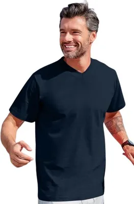 Produktbild von Uni-T-Shirt mit V-Ausschnitt aus Baumwolle, 100% Baumwolle, unbedruckt, einfarbig, 160g/m2, Farbe dunkelblau, Größe L