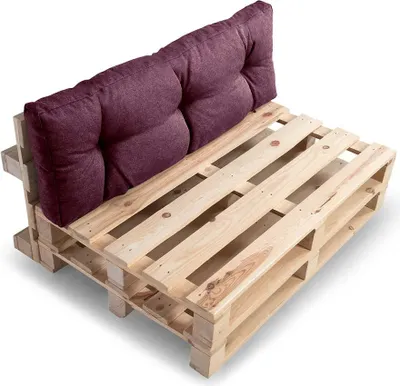 A pallet sofa with a violet cushion.