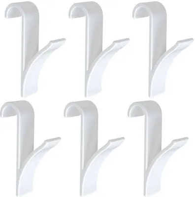 Six white towel hooks arranged in two rows of three against a white background.