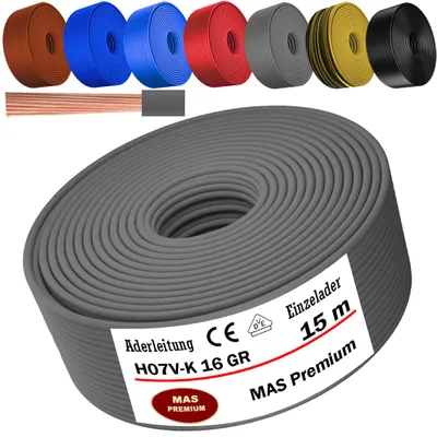 Image de Câble d'alimentation de 15 mètres, type H07 V-K, couleur grise, 1 x 16 mm², monoconducteur, flexible