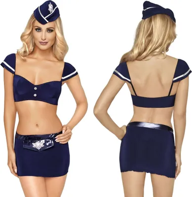 Produktbild von Stewardess Kostüm für Damen, marineblau, elastisch, Größe L – mit Rock, Oberteil und Gürtel