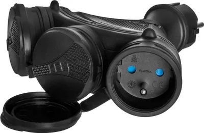 Obrázek produktu pro Prodlužovací kabelový rozbočovač, černý, třícestný, s/bez 16A, 250V IP54, Plastrol W-01154