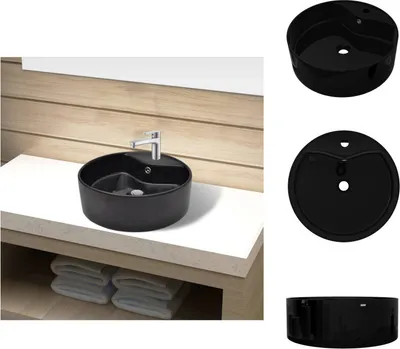 Produktbild von Keramik Waschbecken Hahnloch/Überlaufloch schwarz rund - Badezimmer-Waschbecken