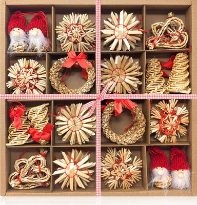 Produktbild von com-four® 56-teiliges Strohsterne Set - Sterne, Glocken, Tannen, und traditionelle Figuren als Christbaum-Schmuck - kleine Stroh-Anhänger als Weihnachtsbaumschmuck - natürlicher Christbaum-Behang