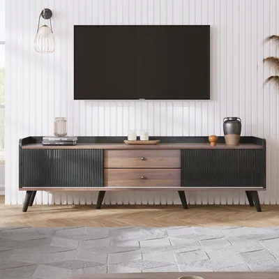 Zdjęcie produktu dla Mebel pod telewizor 160 x 40 x 58 cm (czarny + naturalne drewno): 2 szuflady, niska komoda, 2 przesuwane drzwi, elegancka struktura powierzchni