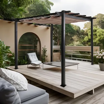 Image de Pergola en aluminium HWC-N93, pavillon de jardin Pavillon de jardin, structure stable de 8cm toit coulissant UV50+ 3x3m ~ taupe