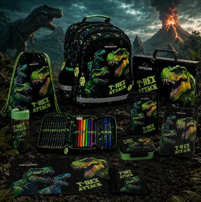 Produktbild von 9in1 Dinosaurier SCHULRUCKSACK SCHULRANZEN Set Ranzen Federmäppchen Turnbeutel fur jungen T-REX DINO Tyrannosaurus