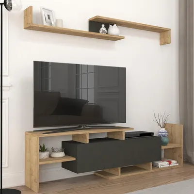 Produktbild von Fernsehschrank 'Liksefte' mit Wandregal TV Lowboard 154 x 28 x 42 cm mit Stauraum Saphir-Eiche/Schwarz