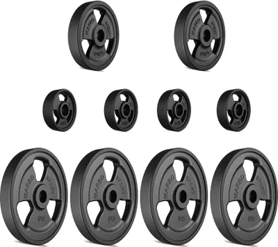 Produktbild von Marbo Sport 29 kg Tri-Grip gummierte Hantelscheiben Set aus Gusseisen Guss Gewichte mit ø30/31 mm Bohrung / 4 x 5 kg + 2 x 2,5 kg + 4 x 1 kg