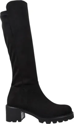 A black knee-high boot with a block heel is shown against a white background.