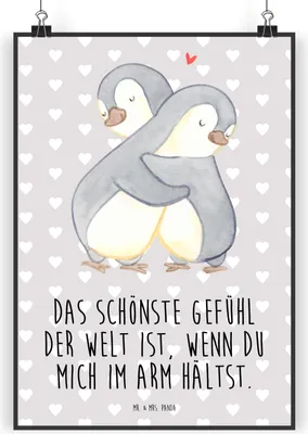 Produktbild von Mr. & Mrs. Panda Bild Pinguine Kuscheln DIN A3 - Grau Pastell - Geschenk, Freund, für Freundin, Valentinstag, Deko, Hochzeitstag, Wandbild, wanddeko, Frauen, Männer