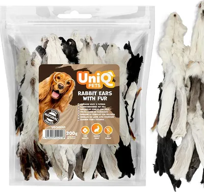 Obrázok produktu pre Pochúťka, snack pre psy Králičie uši so srstou UniQ Pets 300g
