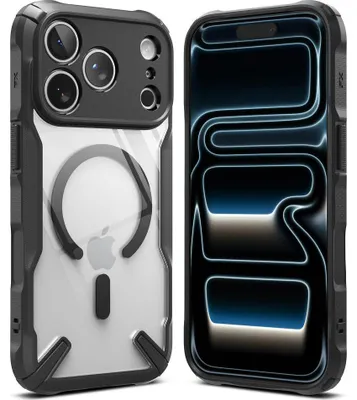 Obrázok produktu pre Puzdro na iPhone 18 Pro / 17 Pro, značky Ringke, model Fusion X Magnetic, s magnetickou technológiou MagSafe, priehľadné s čiernym rámikom