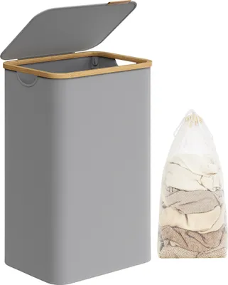 Produktbild von SONGMICS Wäschekorb mit Deckel, 90 L, herausnehmbarer Wäschesack, Griffe aus Bambus