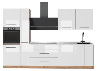 Zdjęcie produktu dla Zabudowa kuchenna Vicco Fame-Line Biały wysoki połysk/Dąb goldkraft 310 cm, BP Marmur, Model 64310