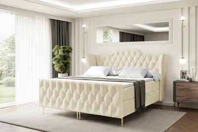 Produktbild von ALTDECOR Boxspringbett mit Gold Füßen, Matratze und Lattenrost, Topper, Fußteil, Polsterbett mit Bettkasten, Bett mit Stauraum H4-Matratze, Doppelbett - VILA-FZ-Z - 140x200 - Beige Casablanca