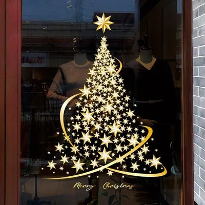 Productafbeelding van Unyqoos® Herbruikbare, gouden kerstboom-raamstickers van PVC, met statische hechting, geschikt voor ramen, glazen deuren en spiegels