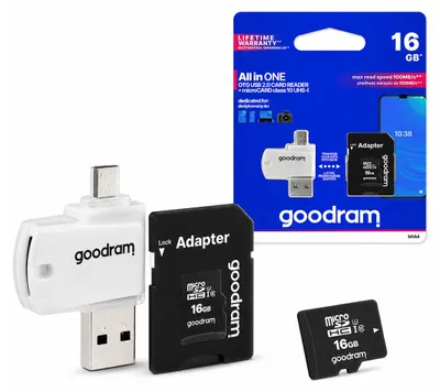 Zdjęcie produktu dla GoodRam karta pamięci 16GB microSDHC kl. 10 UHS-I + adapter + czytnik kart