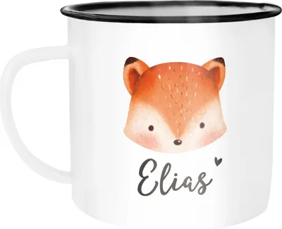 Produktbild von Kinder-Tasse Emaille Bär, Fuchs, Einhorn mit Namen personalisierte Namenstasse für Kinder Tiermotive SpecialMe® Fuchs emaille-weiß-schwarz standard