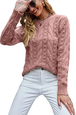 Obrázek produktu pro ASKSA Dámský elegantní svetr ležérní pletený svetr s dlouhým rukávem Hrubý pletený svetr Mikina Tops, růžová, L