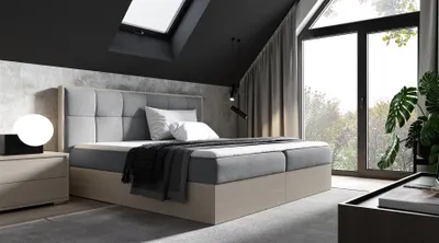 Produktbild von Boxspringbett Bett THANOS 160x200cm Nordic Teak Stoff Grau inkl. Bettkasten