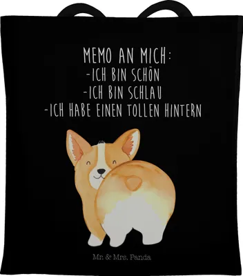 Produktbild von Mr. & Mrs. Panda Schultasche Corgi Po - Schwarz - Geschenk, Baumwolltasche, Positiv, Uni Tasche, Hund, Corgie, Sprüche, Jutebeutel, Spruch, Shopping, Tote Bag