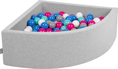 Zdjęcie produktu dla KiddyMoon suchy basen trójkątny z piłeczkami 7cm jasnoszary: biały-szary-niebieski-ciemny róż-jasny turkus 90x30cm/200piłek zabawka basen piankowy