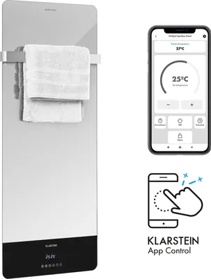 A product shot of a white towel warmer with a smartphone displaying its app control interface, and a separate graphic illustrating app control.