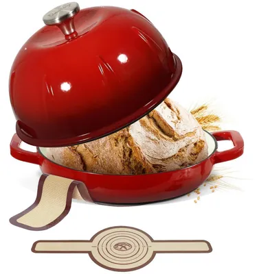 Obrázok produktu pre Gusseňový hrniec na pečenie chleba, objem 5,35 l, priemer 25 cm, farba čerešňová, s príslušenstvom na krájanie chleba