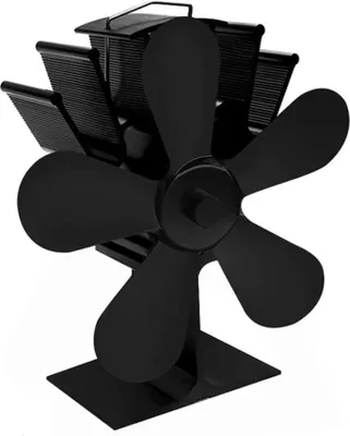 A black stove fan with five blades sits on a white background.