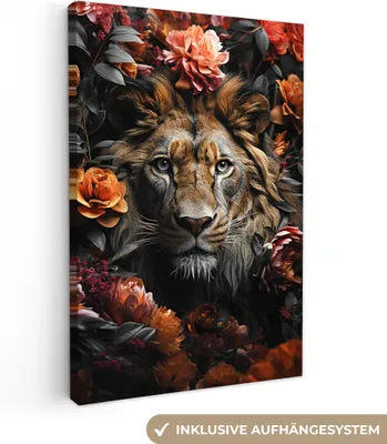 Produktbild von MuchoWow® - Leinwandbilder - Löwe - Tier - Natur - Floral - Botanisch, Wandbild, Wanddeko Bilder Wohnzimmer, 20x30 cm