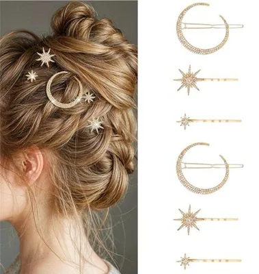 Produktbild von 6er Metall-Haarclips, Stern- und Mondhaarclips, Hochzeitshaarclips, Damen-Haarzubehör, Gold
