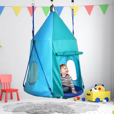 Produktbild von SUGIFT Nestschaukel mit Zelt 2-in-1, Kokon-Schaukel Kinderschaukel, PE wasserdicht, Blaugrün | Ø 100 cm | bis 150 kg | längenverstellbare Seile