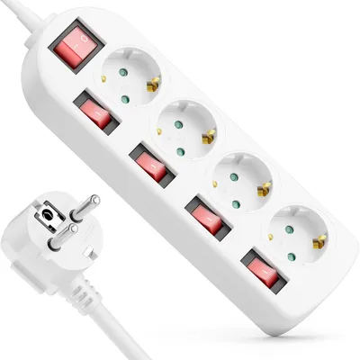 Produktbild von deleyCON 4-Fach Steckdosenleiste - EIN/AUS Schalter - einzeln schaltbar - 5m Kabel - 4x Buchse Mehrfachsteckdose Stromkabel Verteiler Verlängerung Stromleiste Haushalt Büro 3680W 16A - Weiß