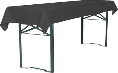 A dark gray tablecloth is draped over a green metal folding table, commonly known as a beer tent set.