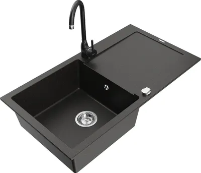 Produktbild von Mexen Leo 1 Becken-Granitspüle mit Abtropffläche und Mischbatterie Telma, Schwarz/Gold Metallisch - 6501-75-670200-70
