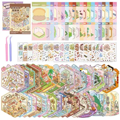 3D-Stickerbuch-Set, 40 Hausszenen, wiederverwendbar, inkl. Pinzetten