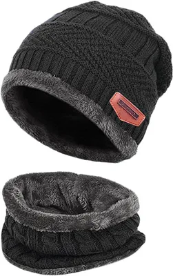 Produktbild von Kinder Wintermütze & Schal Set, warme Strick-Beanie mit Fleecefutter, Slouchy Beanie für Jungen & Mädchen, 2–8 Jahre, Schwarz (A0478)